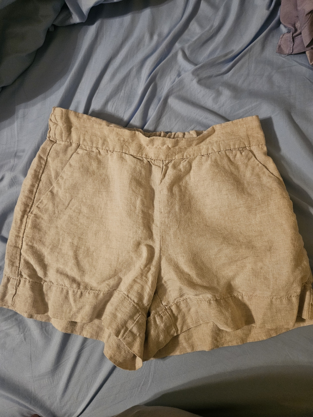 Daily Ritual Neutral Tan Linen-Blend Ruffle-Hem Shorts